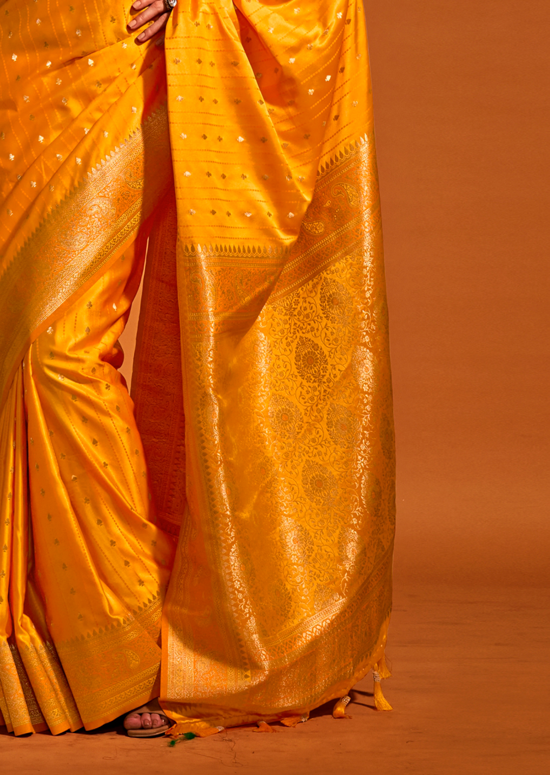 Golden Yellow Zari Woven  Handloom Pure Banarasi Satin Silk Saree