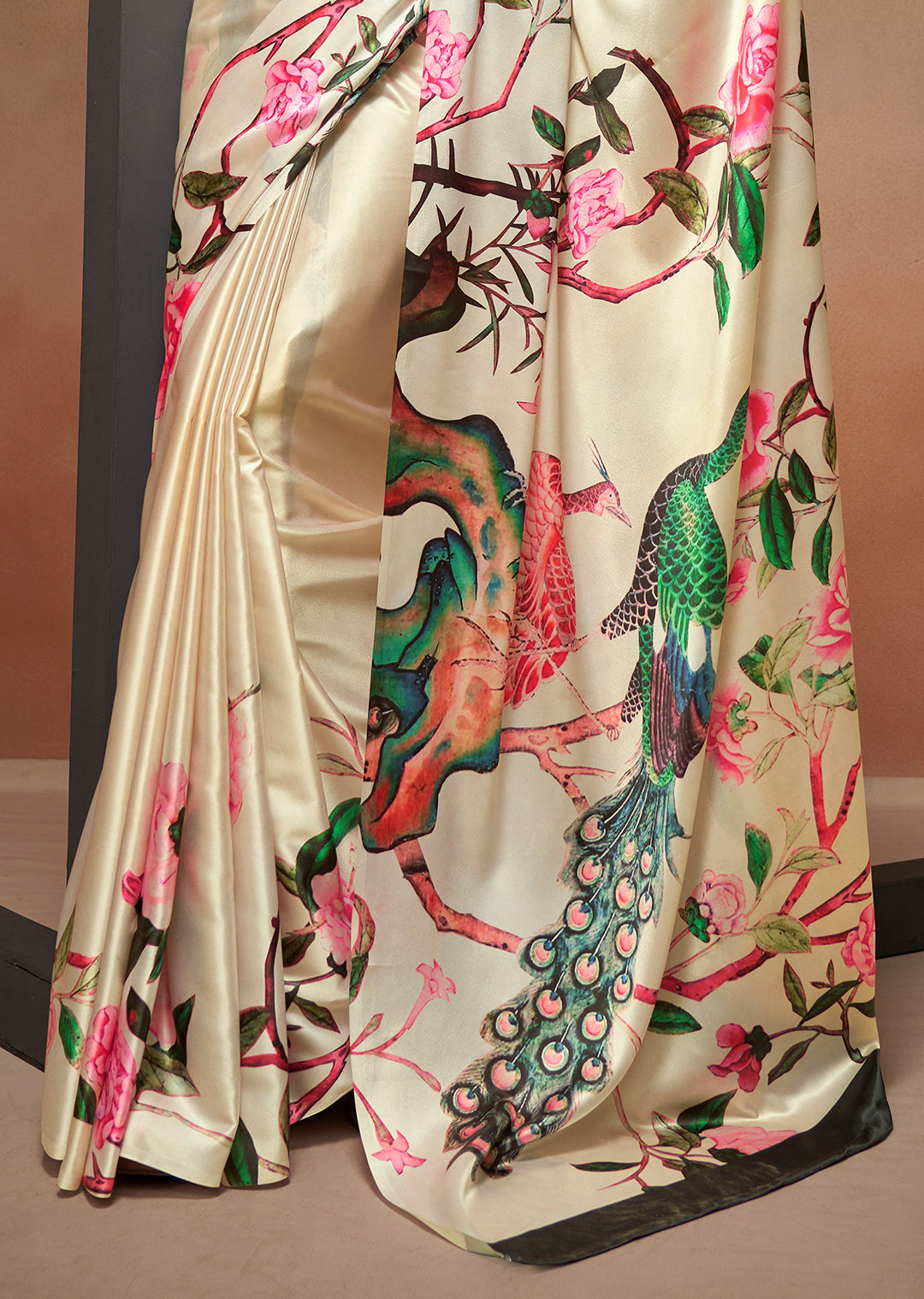 Cream White Woven Digital Printed Satin Crepe Silk Saree