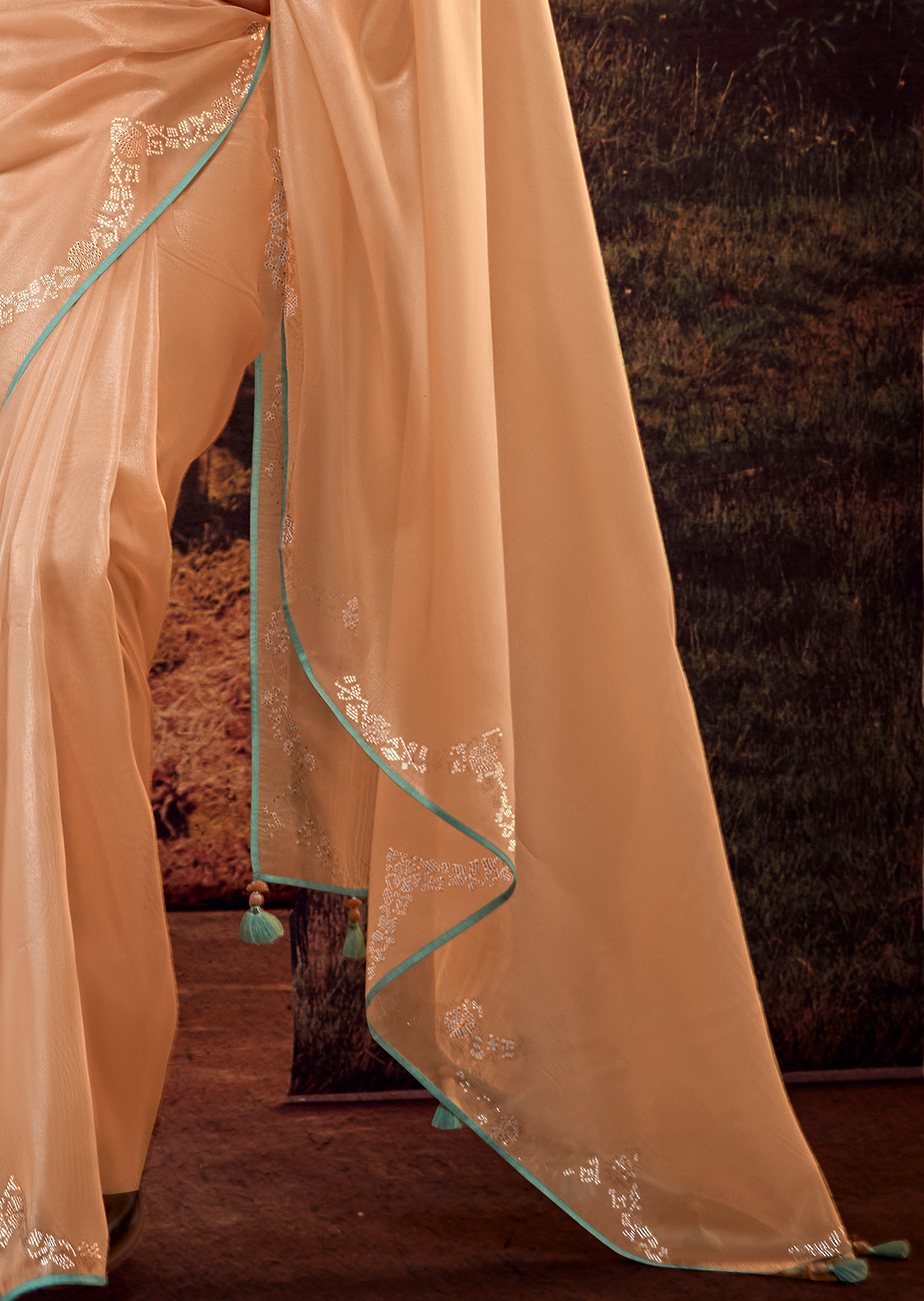 PEACH PURE TISSUE SILK DESIGNER SAREE