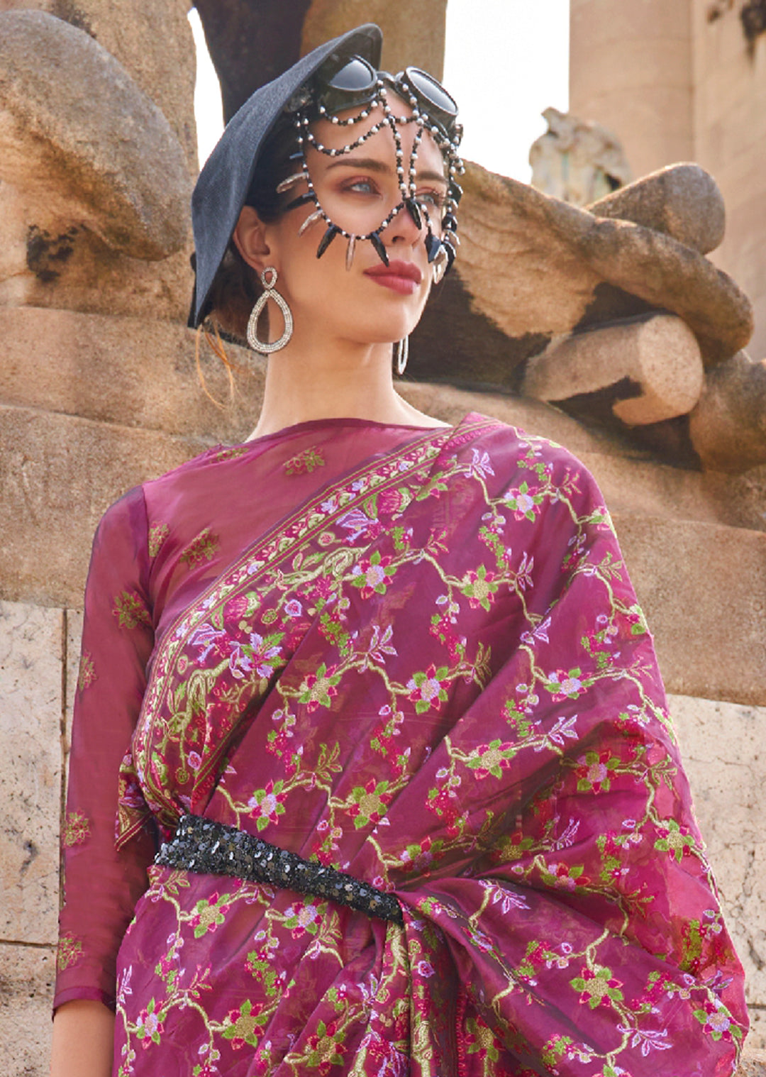 Magenta Purple Woven Pure Handloom Parsi Organza Silk Saree