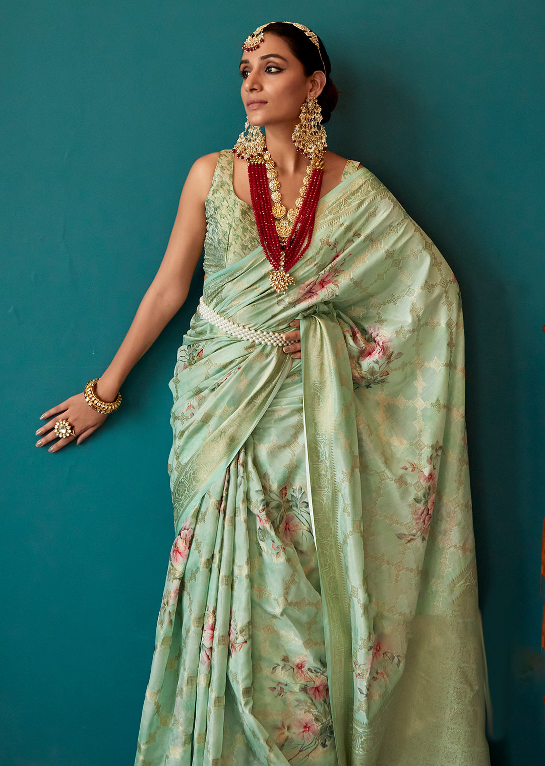 Tea Green Zari Woven Printed Handloom Crepe Silk Saree