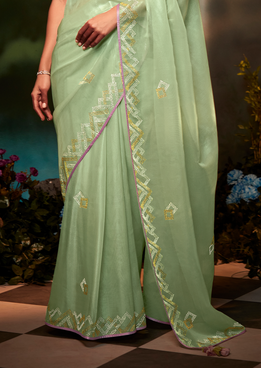 MINT GREEN PURE TISSUE SILK SWAROVSKI DESIGNER SAREE