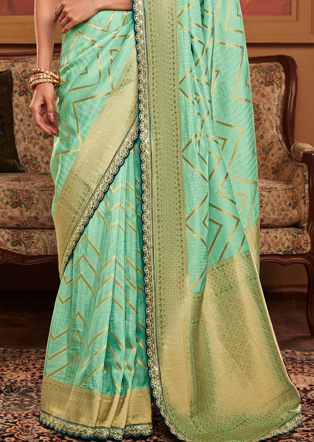 PEARL AQUA  PURE CREPE SILK DESIGNER BANARASI SAREE