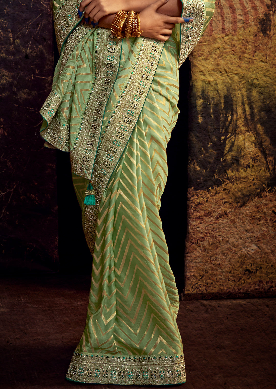 TEA GREEN HEAVY EMBROIDERED DESIGNER SILK SAREE