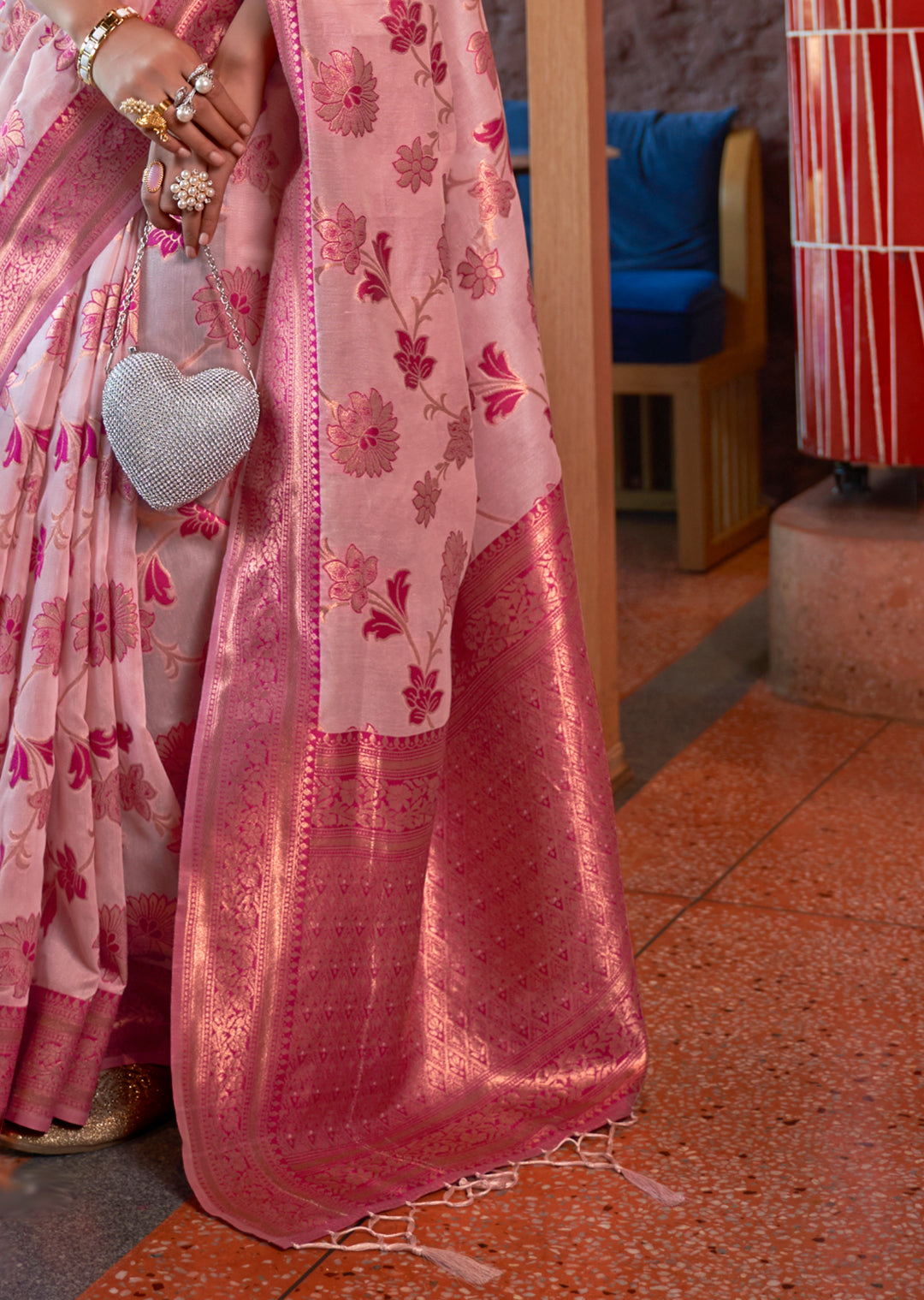 Pastel Pink Copper Zari Woven Pure Shimmer Organza Silk Saree