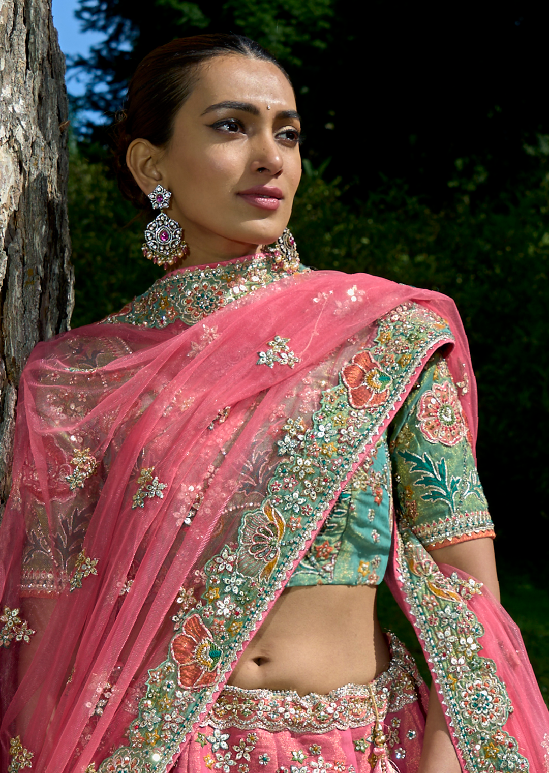 Carrot Pink & Pearl Aqua Hand Worked Premium Designer Silk Lehenga