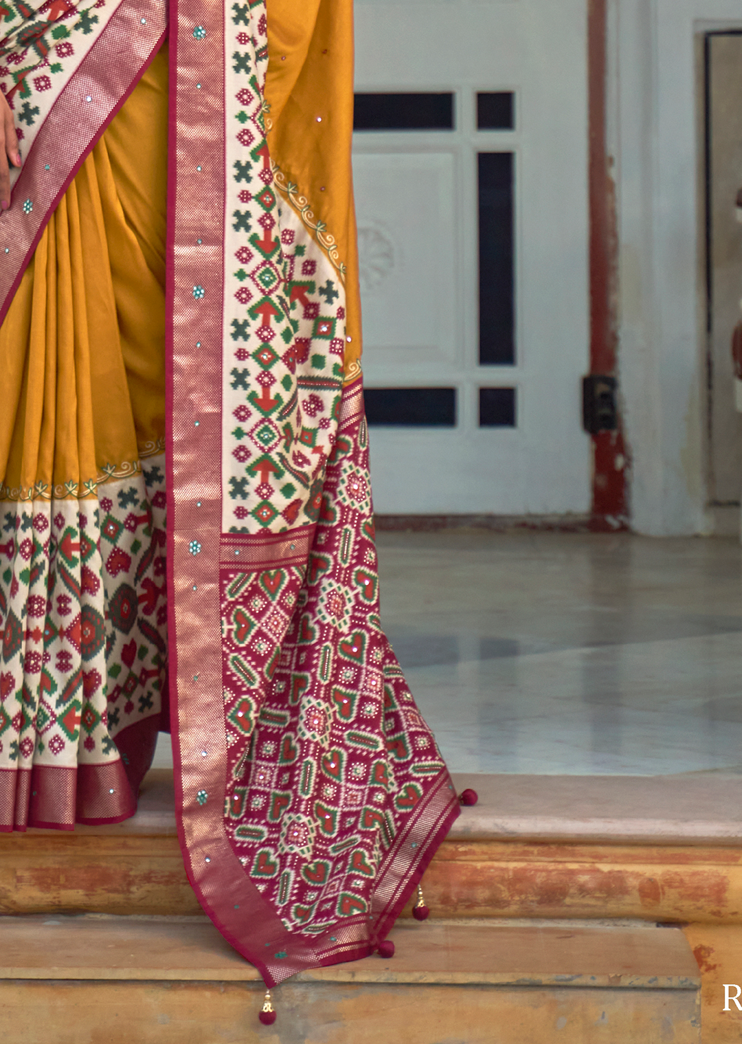 Mustard Yellow Woven Traditional Patola Silk Saree