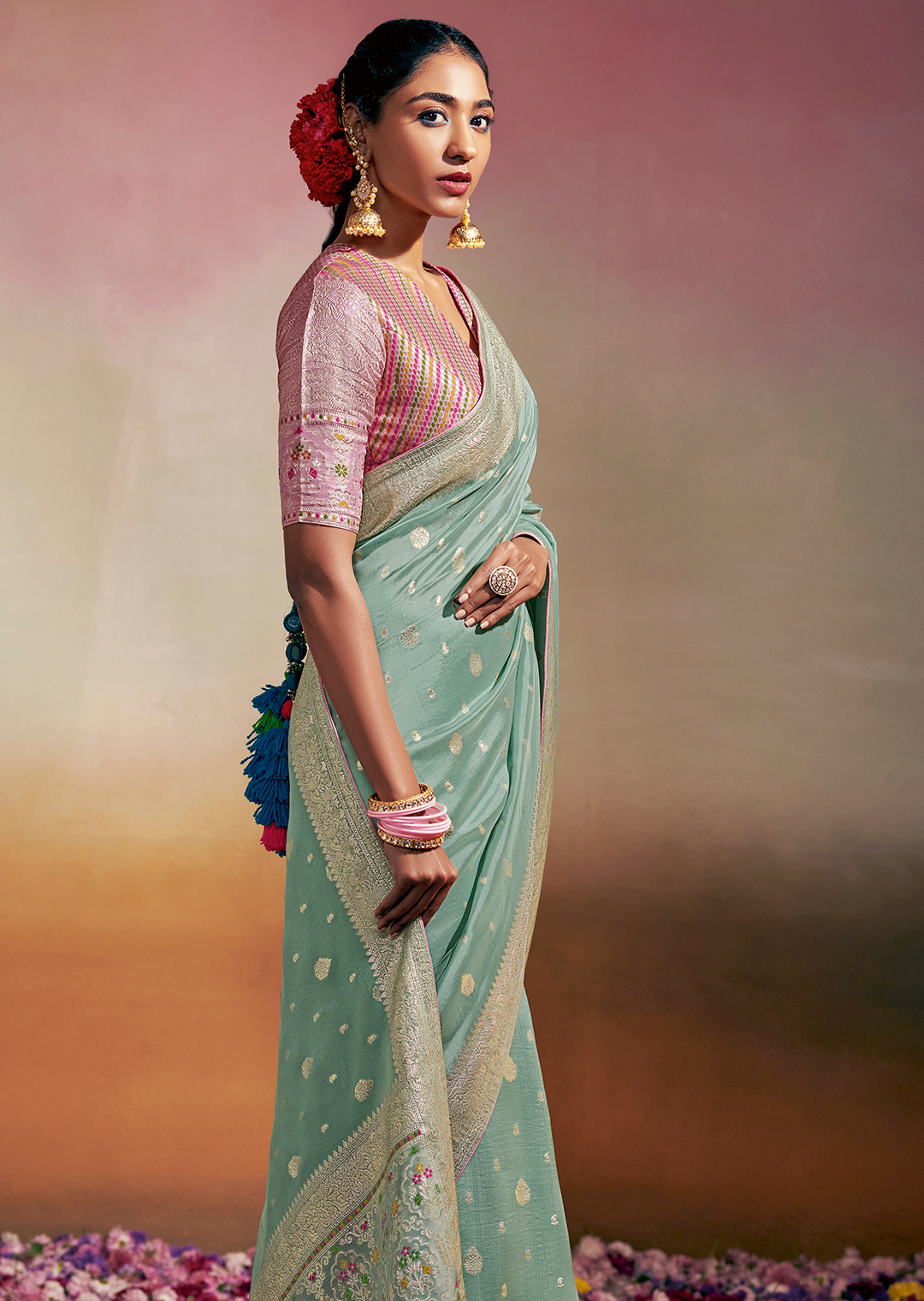 MINT GREEN WOVEN PURE CHINON CHIFFON DESIGNER SILK SAREE