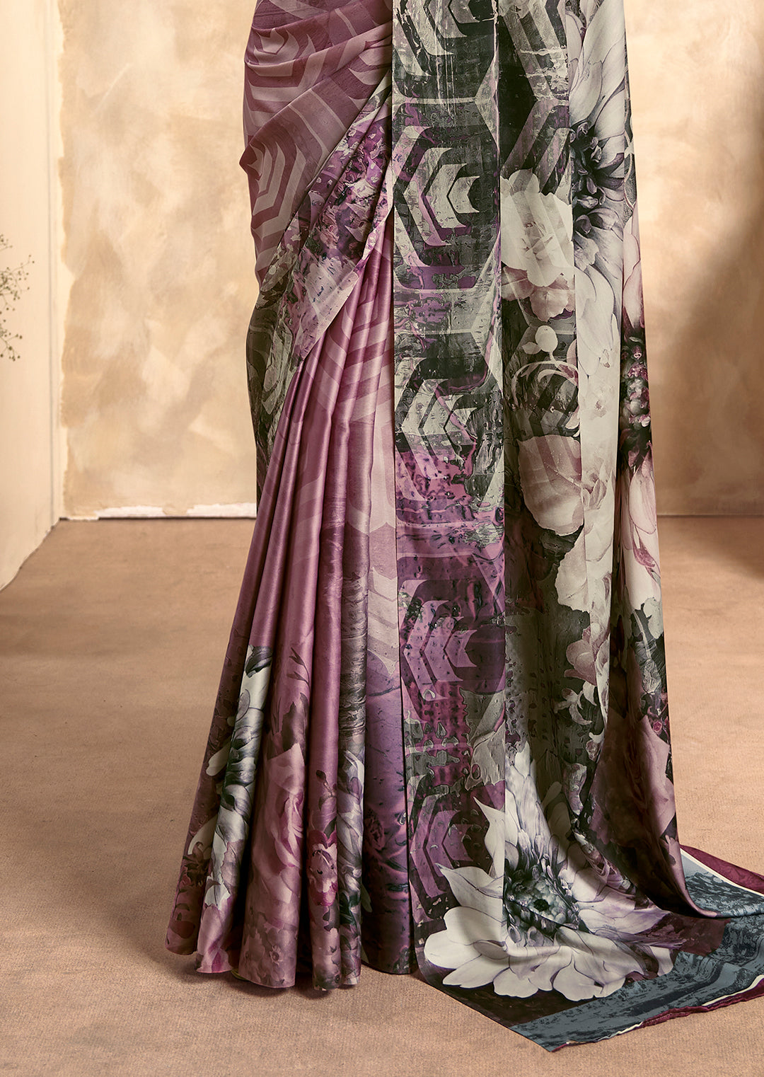 Heather Purple Woven Digital Printed Crepe Silk Saree