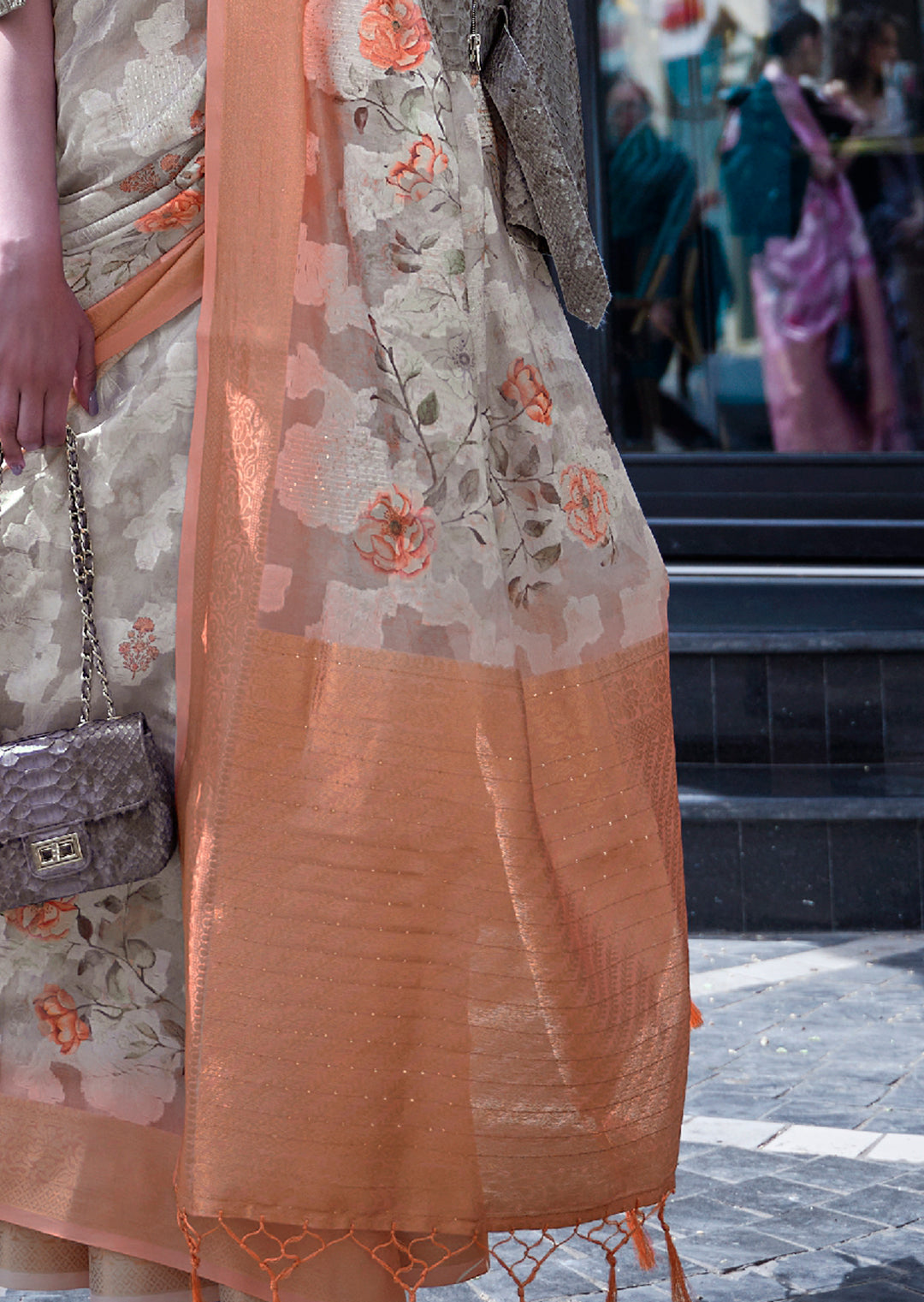 Pearl White Woven Printed Brasso Handloom Silk Saree