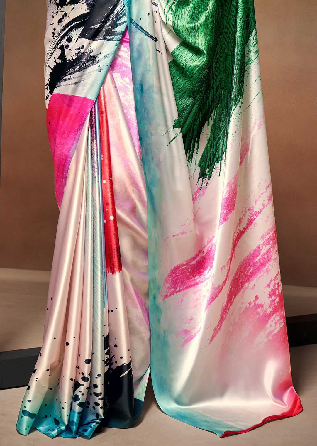 White Woven Digital Printed Satin Crepe Silk Saree