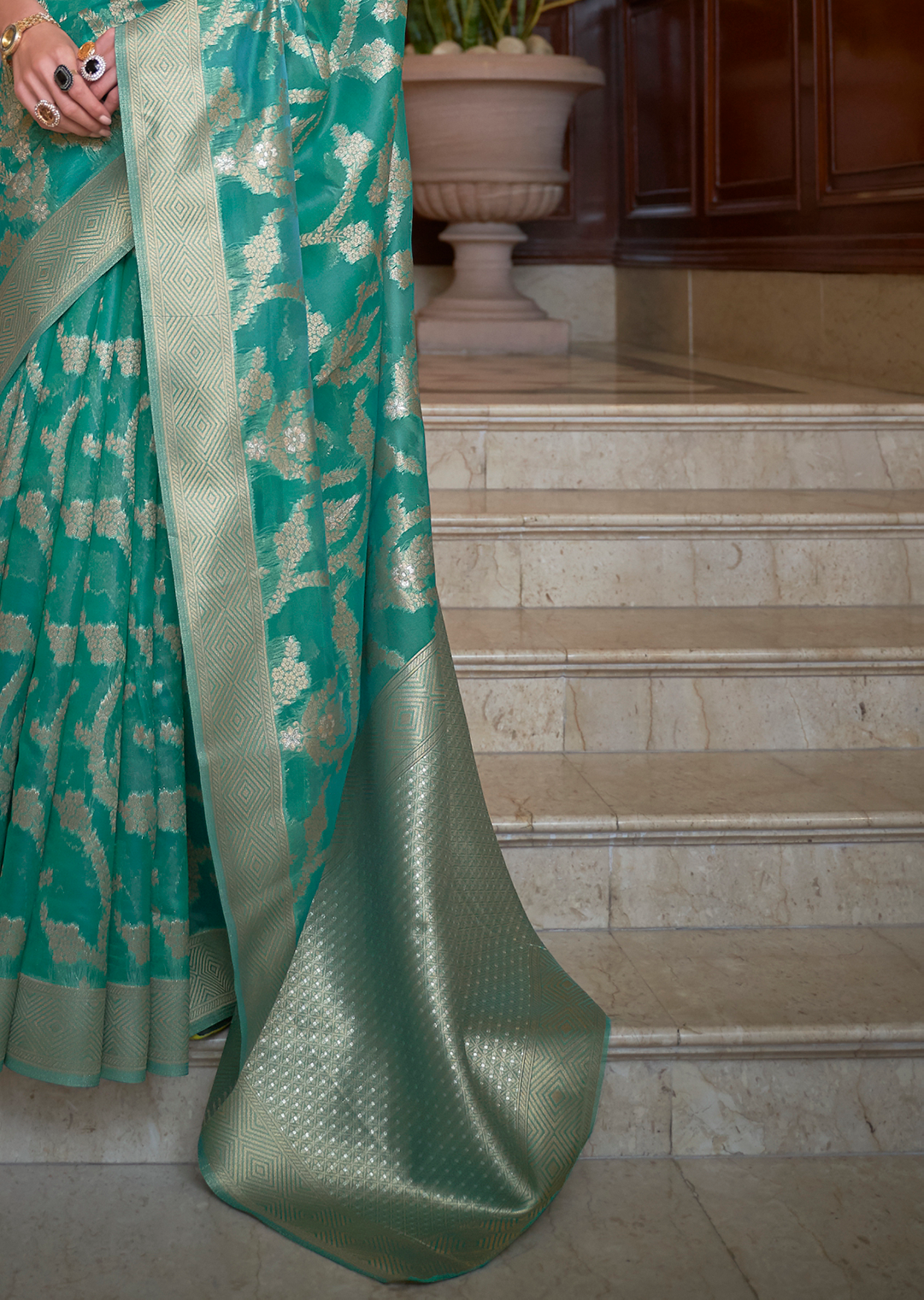 TURQUOISE BLUE ZARI WOVEN HANDLOOM ORGANZA SILK SAREE