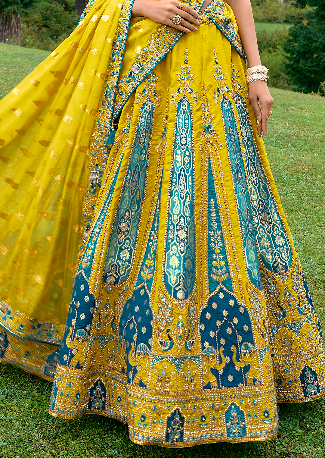 Canary Yellow Heavy Embroidered Premium Designer Silk Lehenga