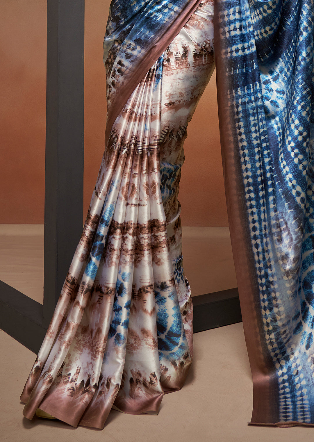 Steel Blue Woven Digital Printed Satin Crepe Silk Saree