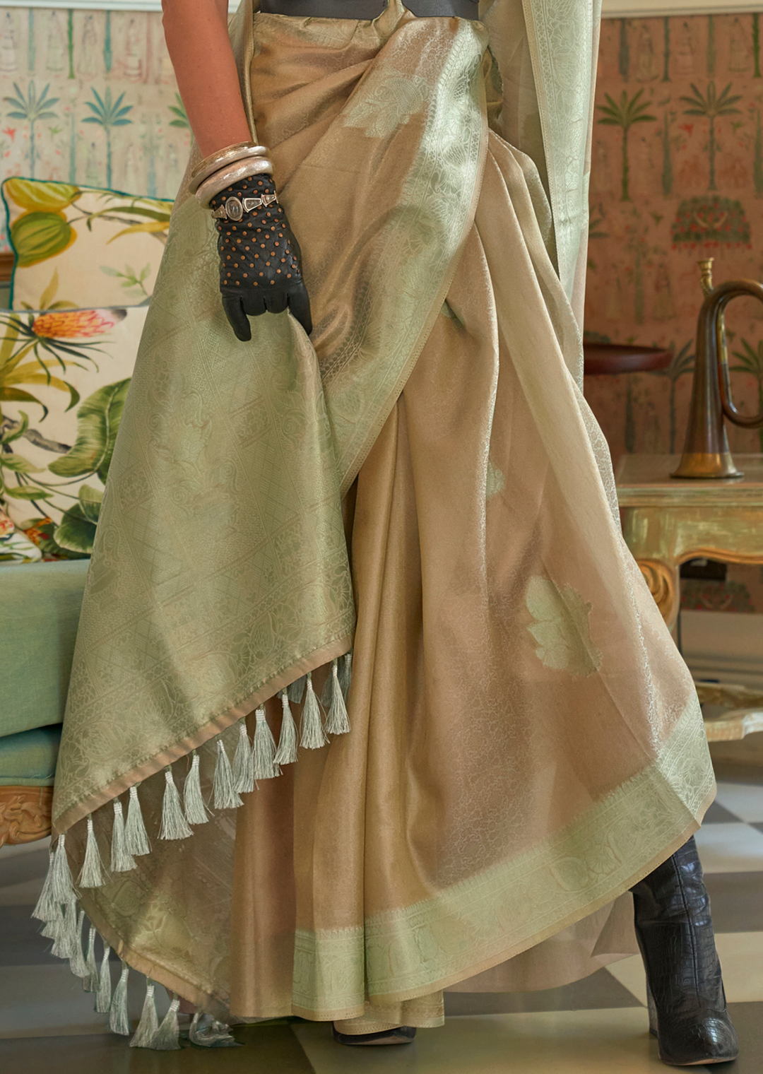 Tea Green Zari Woven Pure Handloom Satin Tissue Silk Saree
