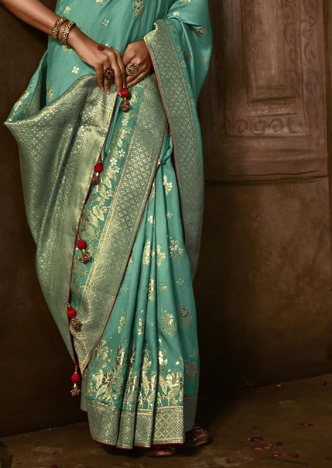 PEARL AQUA BLUE WOVEN PURE CREPE SILK DESIGNER BANARASI SAREE