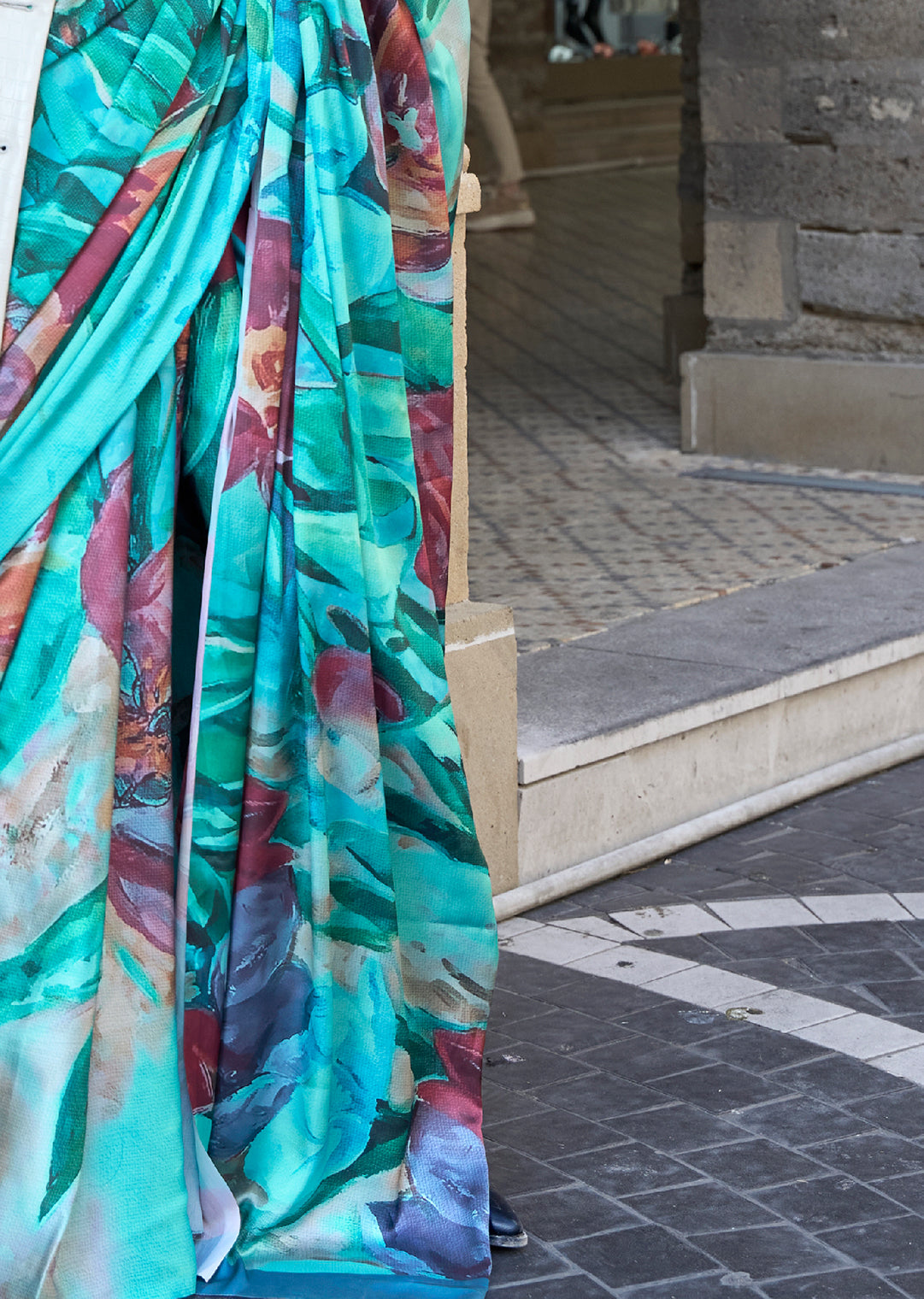 Cyan Blue Woven Digital Printed Satin Crepe Silk Saree