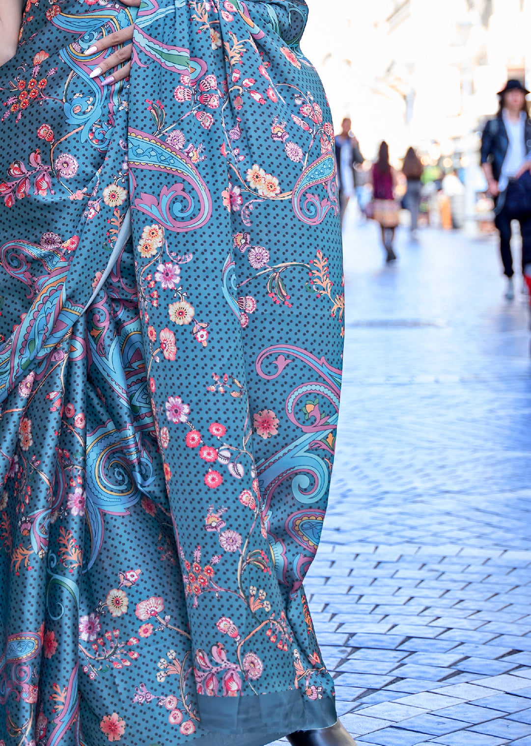 Steel Blue Woven Digital Printed Satin Crepe Silk Saree