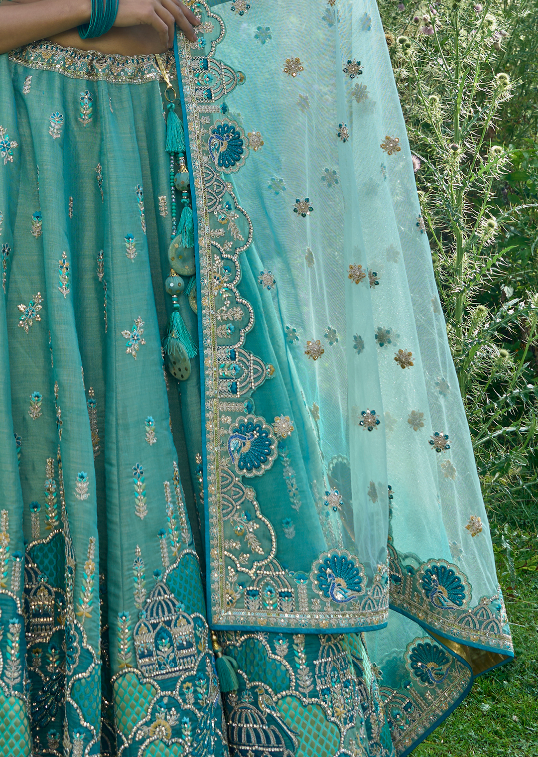 Aqua Marine Blue Hand Worked Premium Designer Silk Lehenga