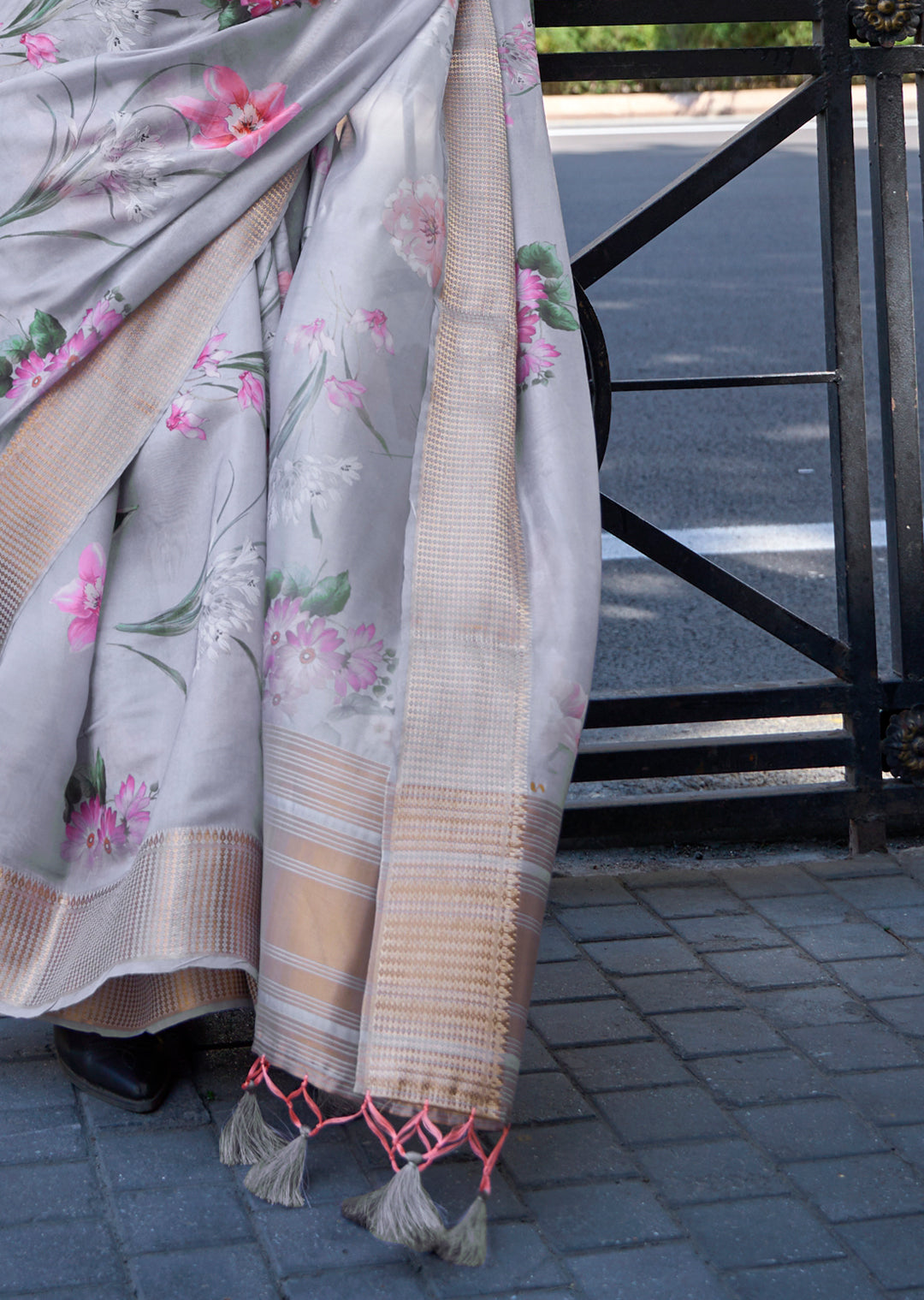 Grey Woven Pure Satin Organza Silk Saree