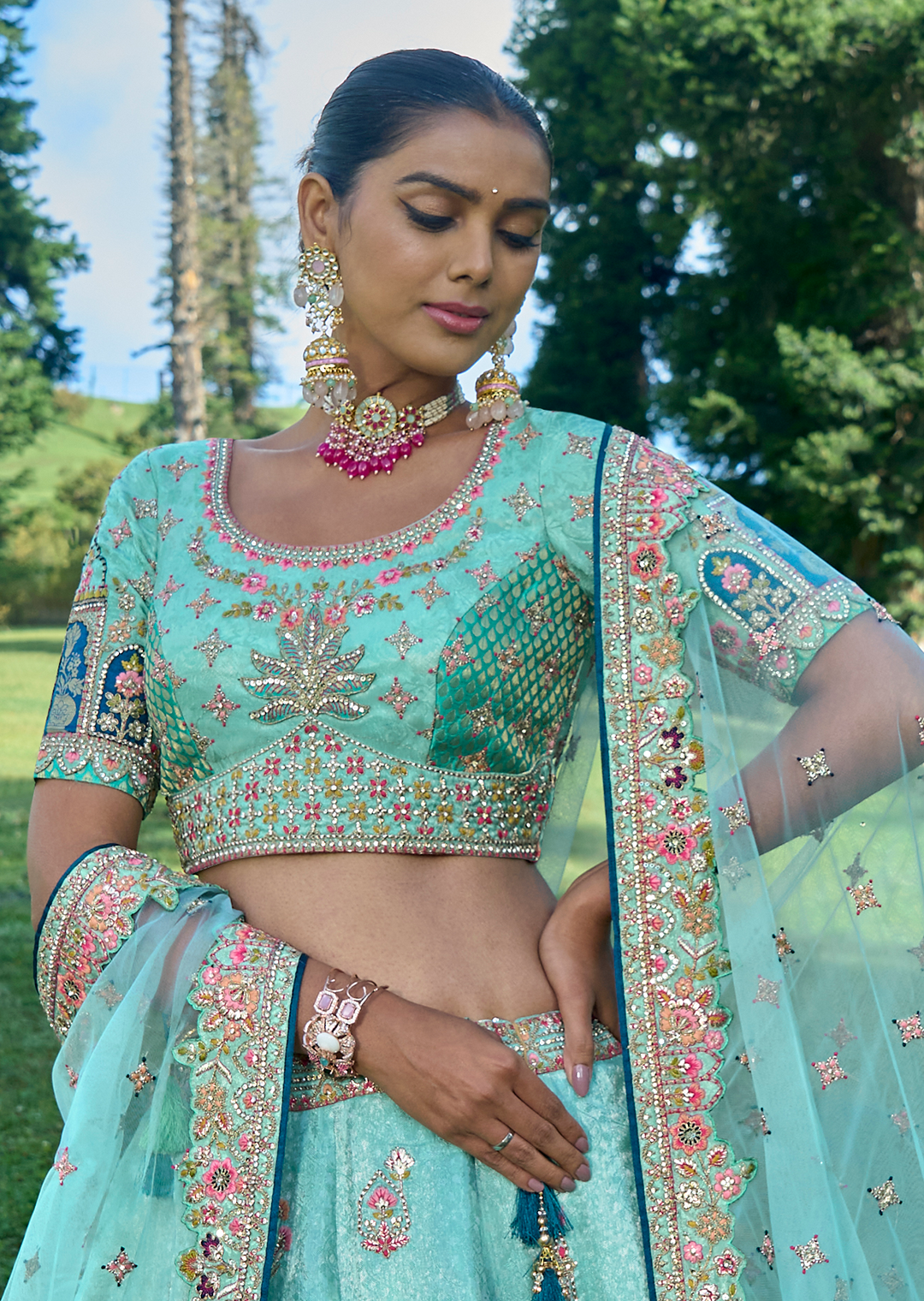 Aqua Blue Hand Worked Premium Designer Silk Lehenga