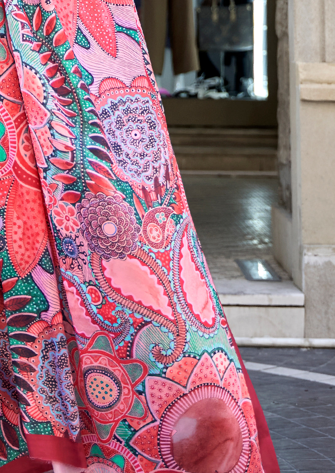 Watermelon Pink Woven Digital Printed Satin Crepe Silk Saree