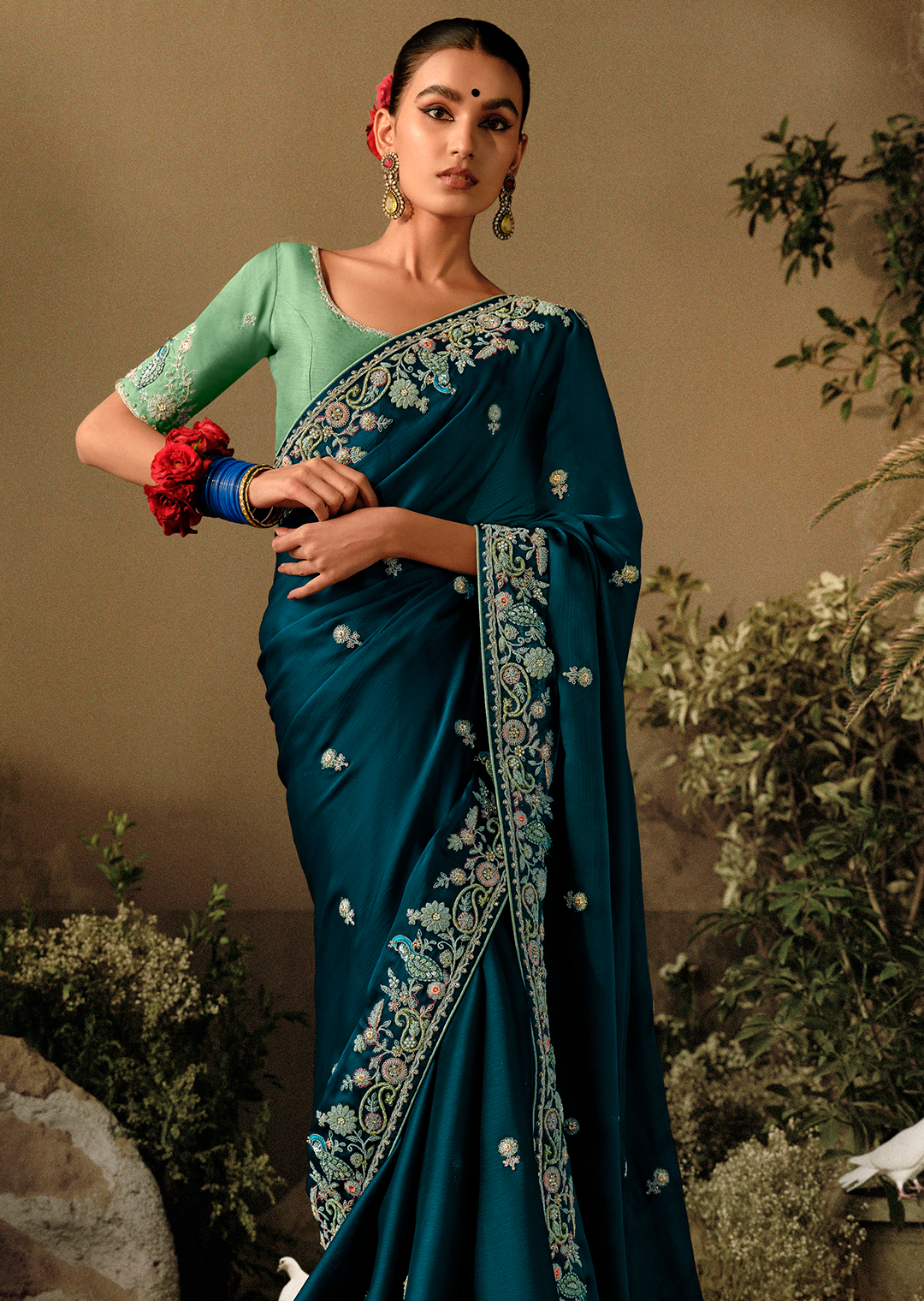 YALE BLUE WOVEN HEAVY EMBROIDERED PREMIUM DESIGNER SILK SAREE