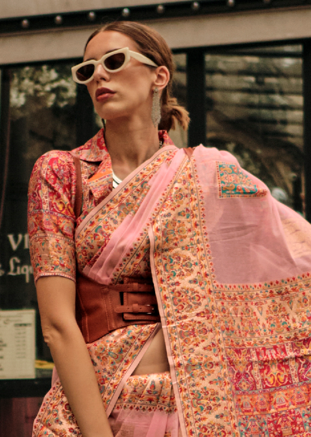 Crepe Pink Woven Pure Handloom Kashmiri Jamewar Silk Saree