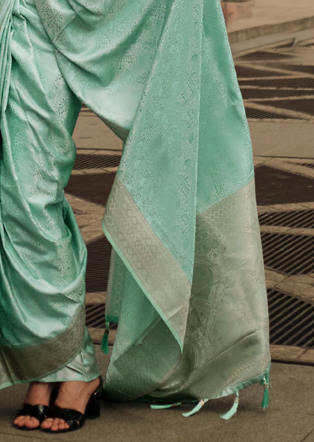 Mint Green Woven Handloom Pure Satin Silk Saree