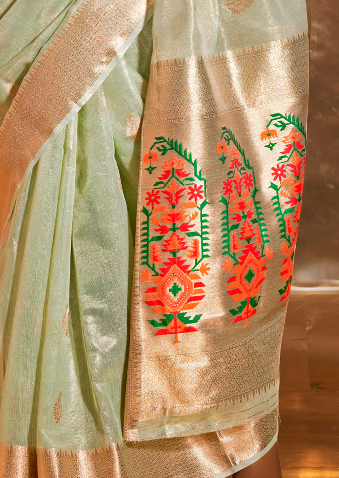 Mint Green Zari Woven Pure Paithani Tissue Silk Saree