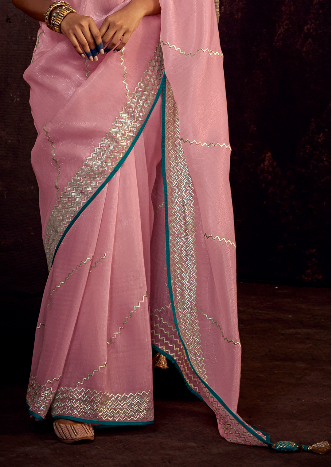 CARNATION PINK WOVEN PURE TISSUE LINEN DESIGNER SAREE