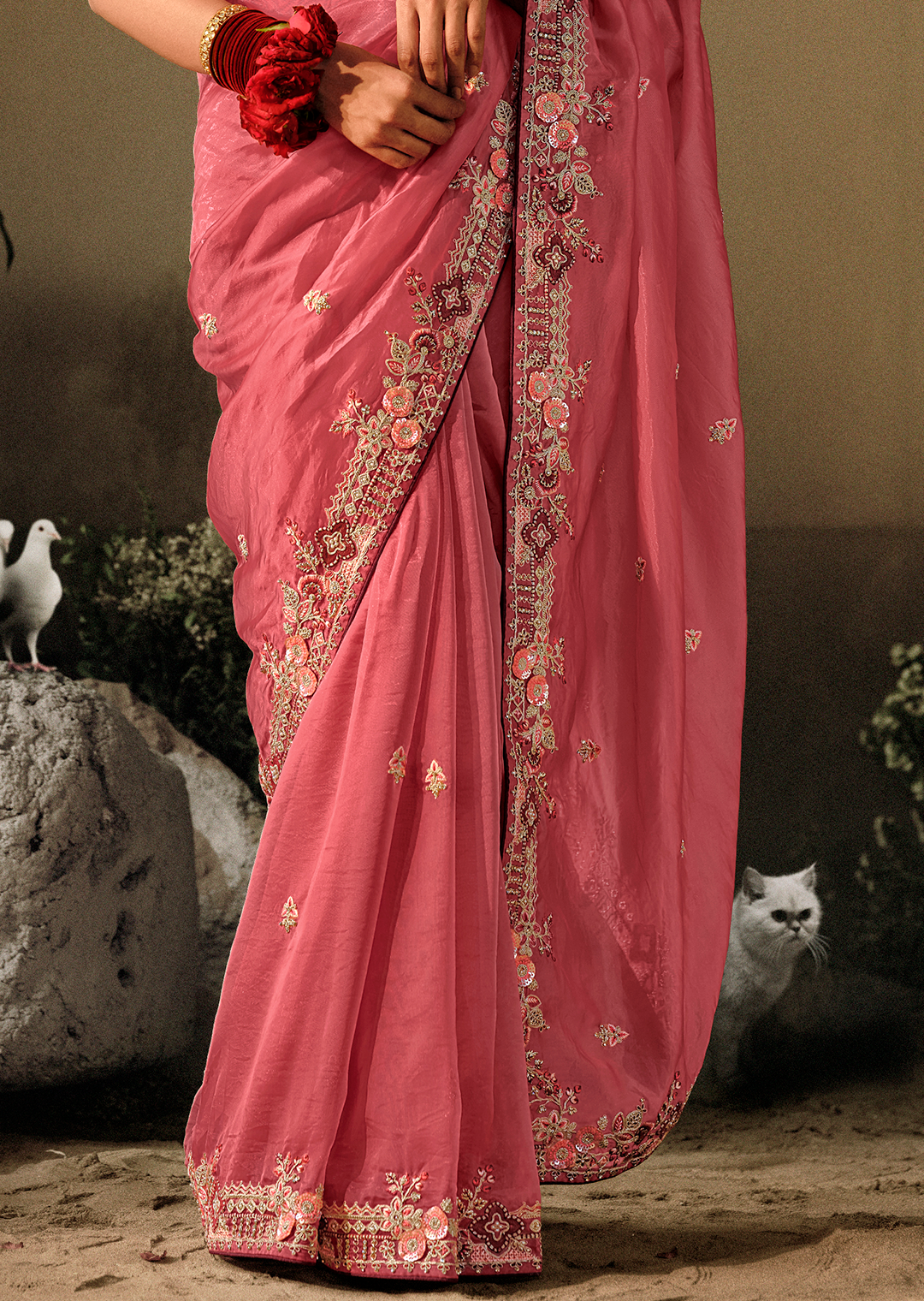 CORAL PINK WOVEN HEAVY EMBROIDERED PREMIUM DESIGNER SILK SAREE