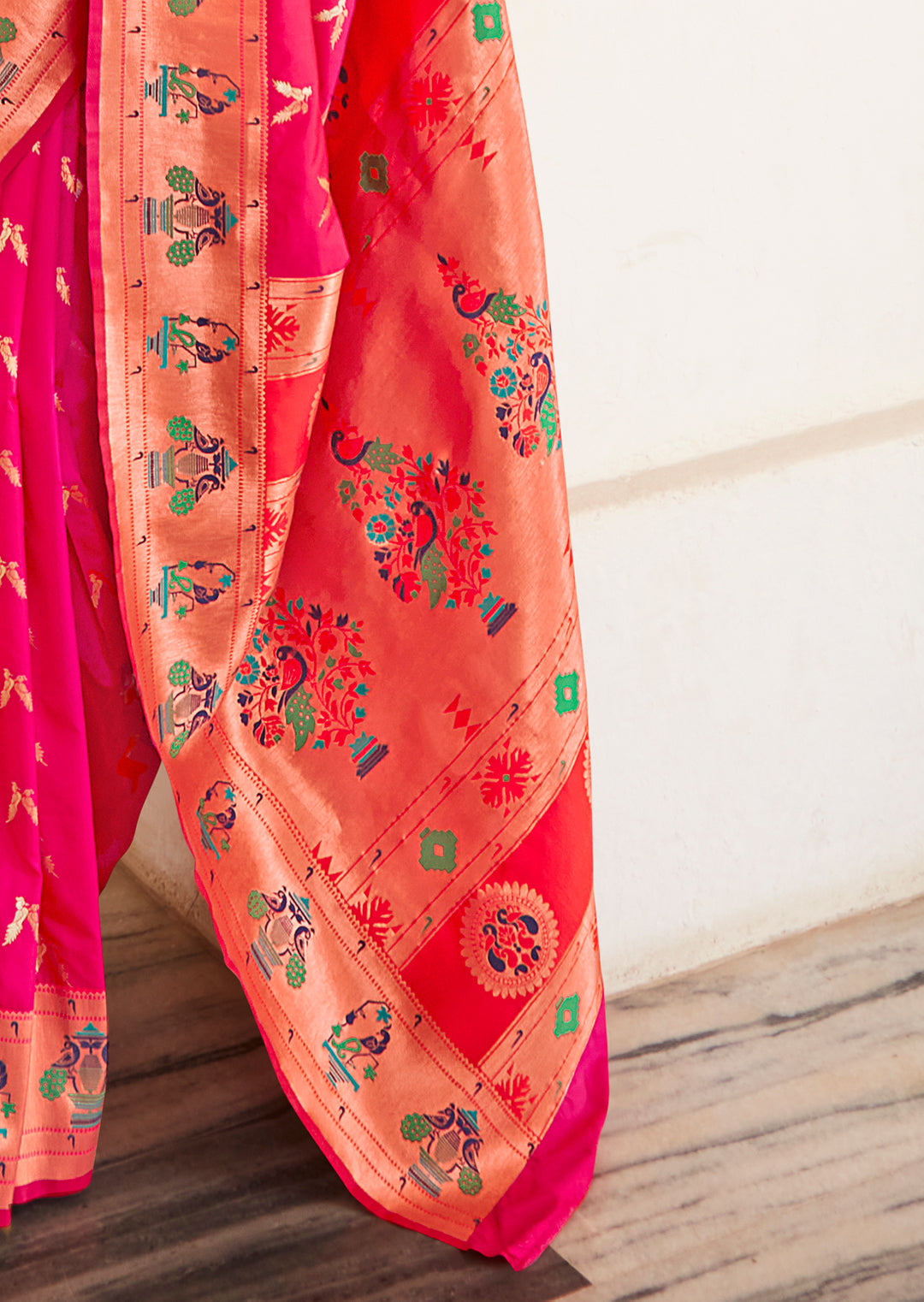 Hot Pink Copper Zari Woven Traditional Paithani Silk Saree