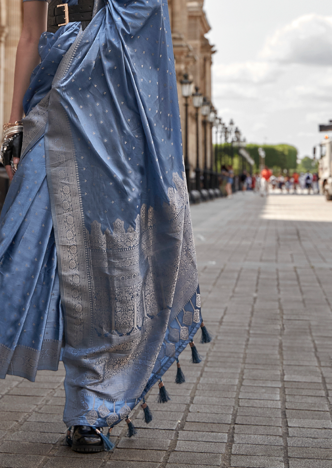 Pigeon Blue Zari Woven Handloom Pure Banarasi Satin Silk Saree