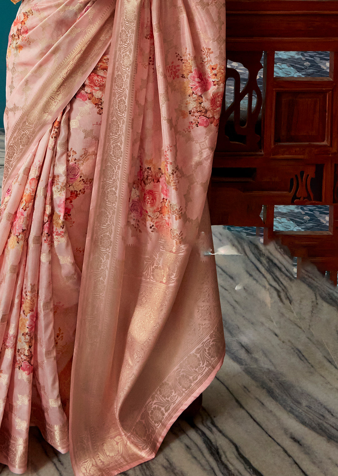 Peach Zari Woven Printed Handloom Crepe Silk Saree