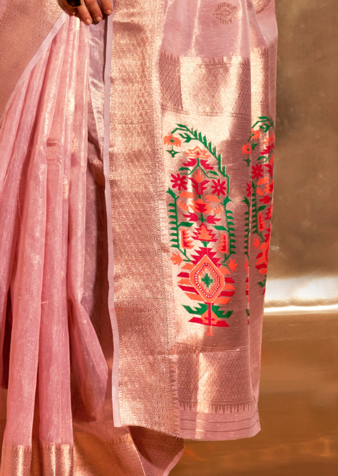 Crepe Pink Zari Woven Pure Paithani Tissue Silk Saree