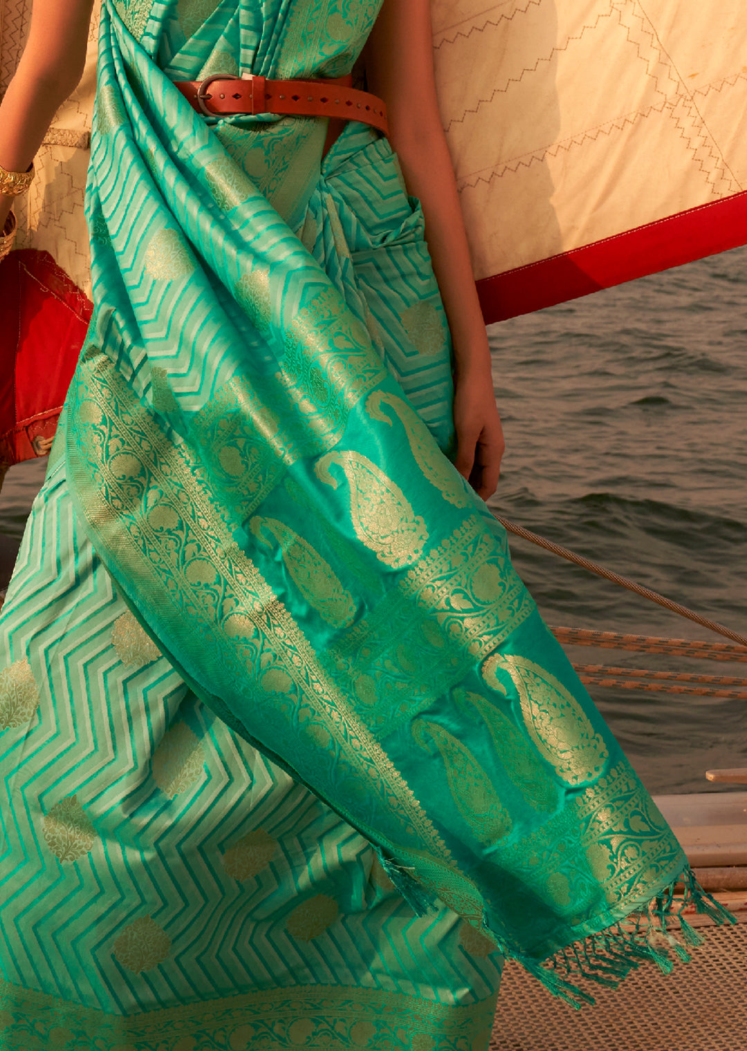 Tea Green Zari Woven Handloom Pure Banarasi Satin Silk Saree