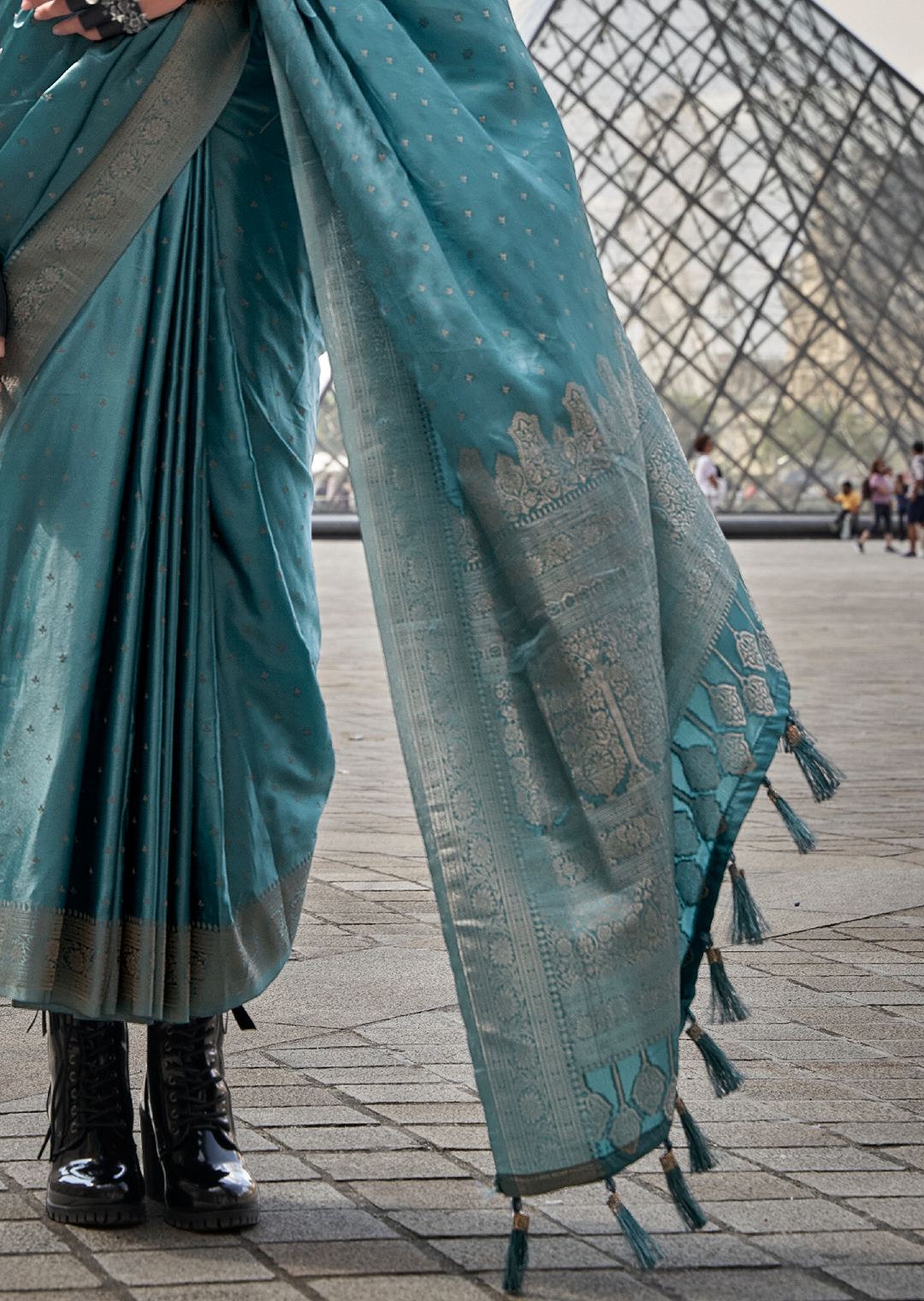 Light Teal Blue Zari Woven Handloom Pure Banarasi Satin Silk Saree