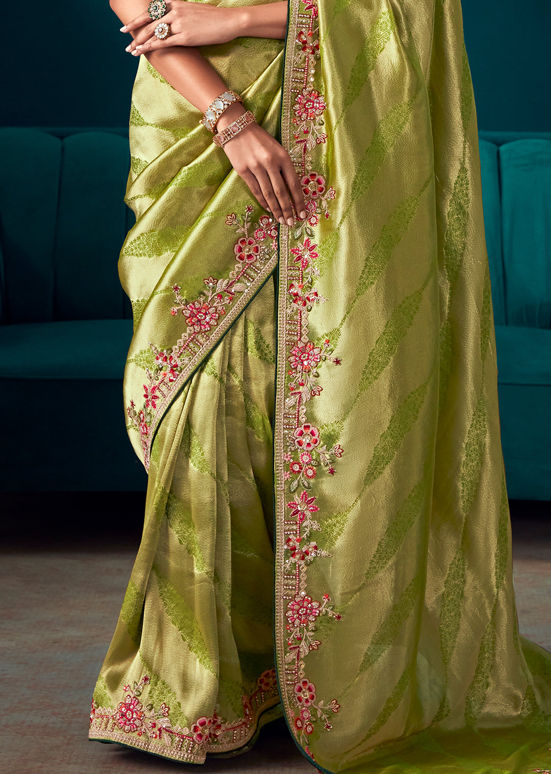 LAWN GREEN HEAVY EMBROIDERED BROCADE DESIGNER KANJIVARAM SILK SAREE