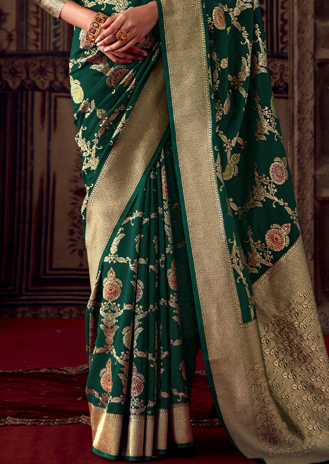 BOTTLE GREEN MEENAKARI WOVEN DESIGNER BANARASI SILK SAREE