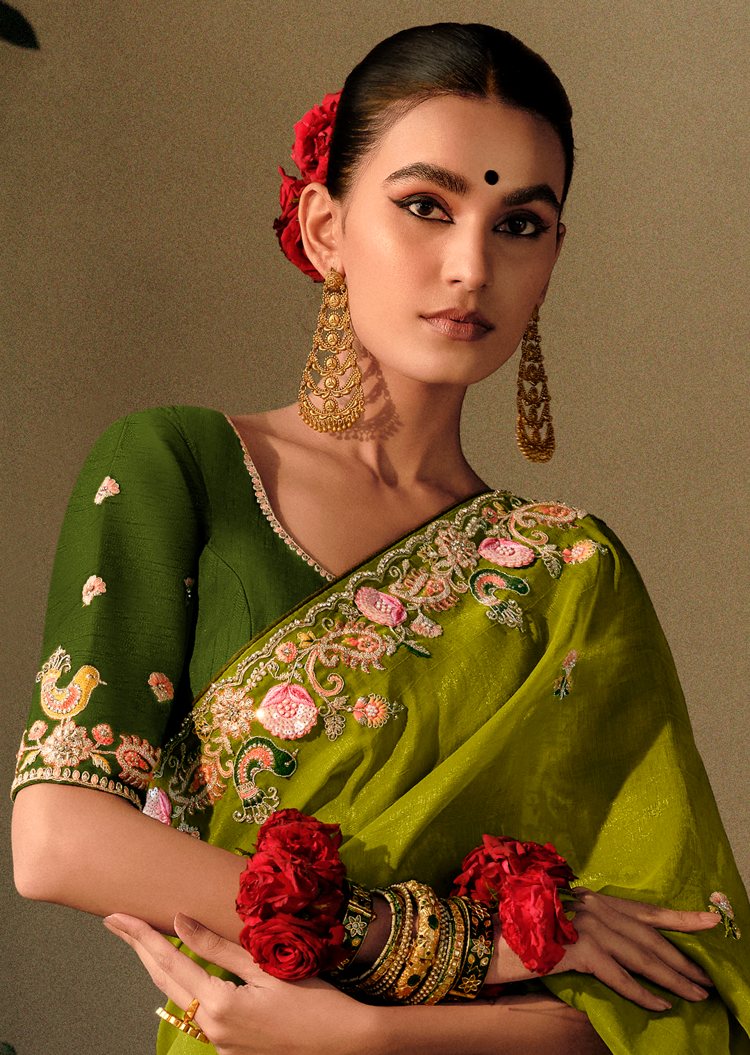 OLIVE GREEN WOVEN HEAVY EMBROIDERED PREMIUM DESIGNER SILK SAREE