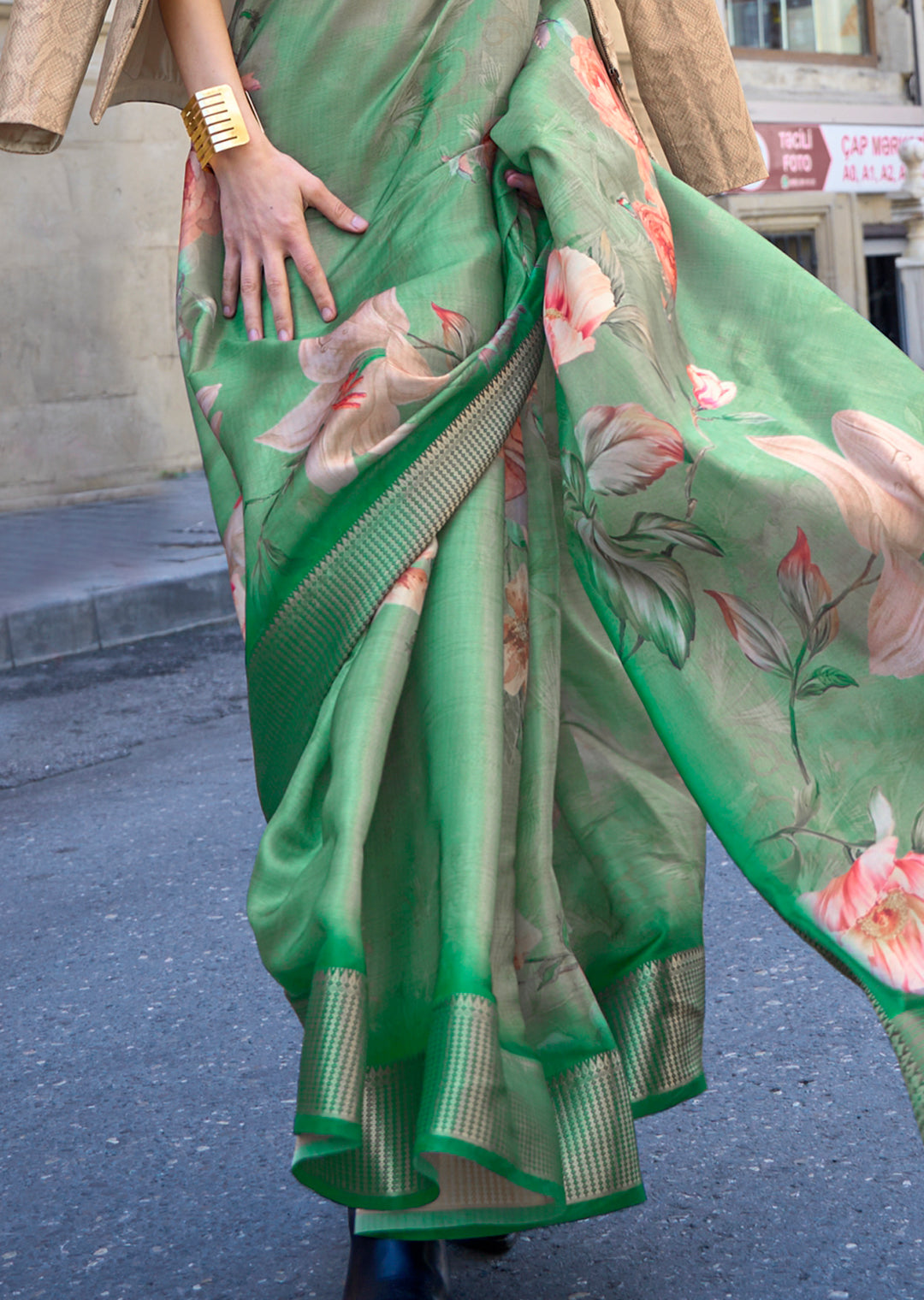 Jade Green Woven Pure Satin Organza Silk Saree