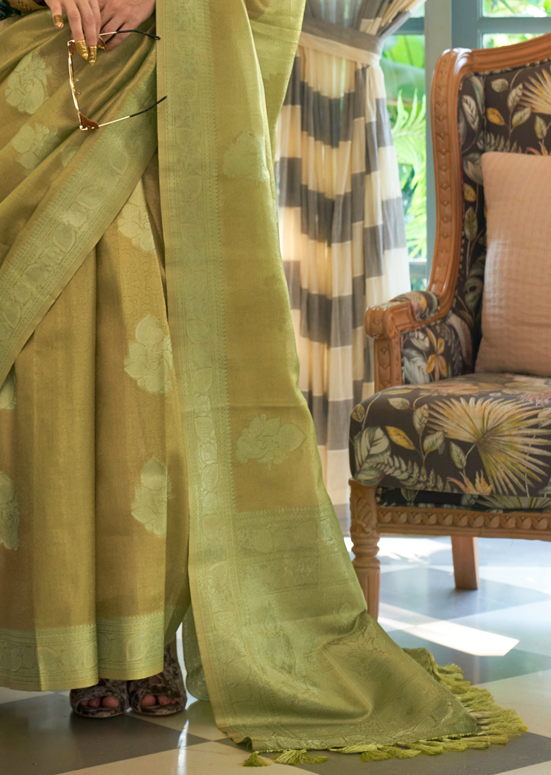 Olive Green Zari Woven Pure Handloom Satin Tissue Silk Saree