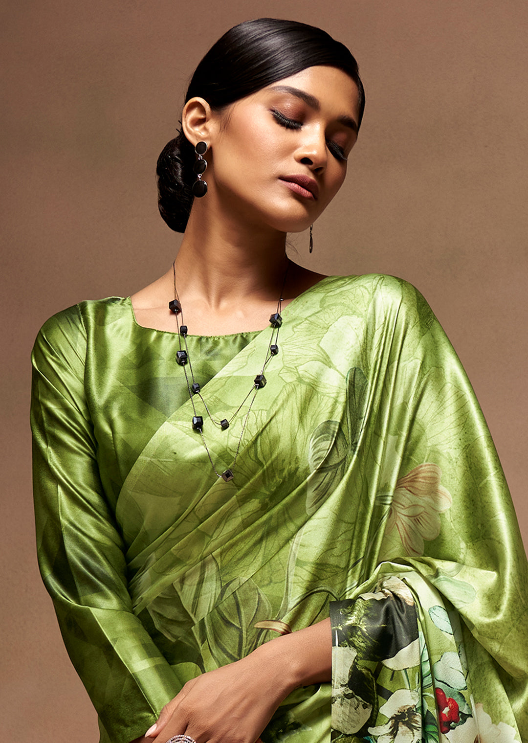 Olive Green Woven Digital Printed Satin Crepe Silk Saree