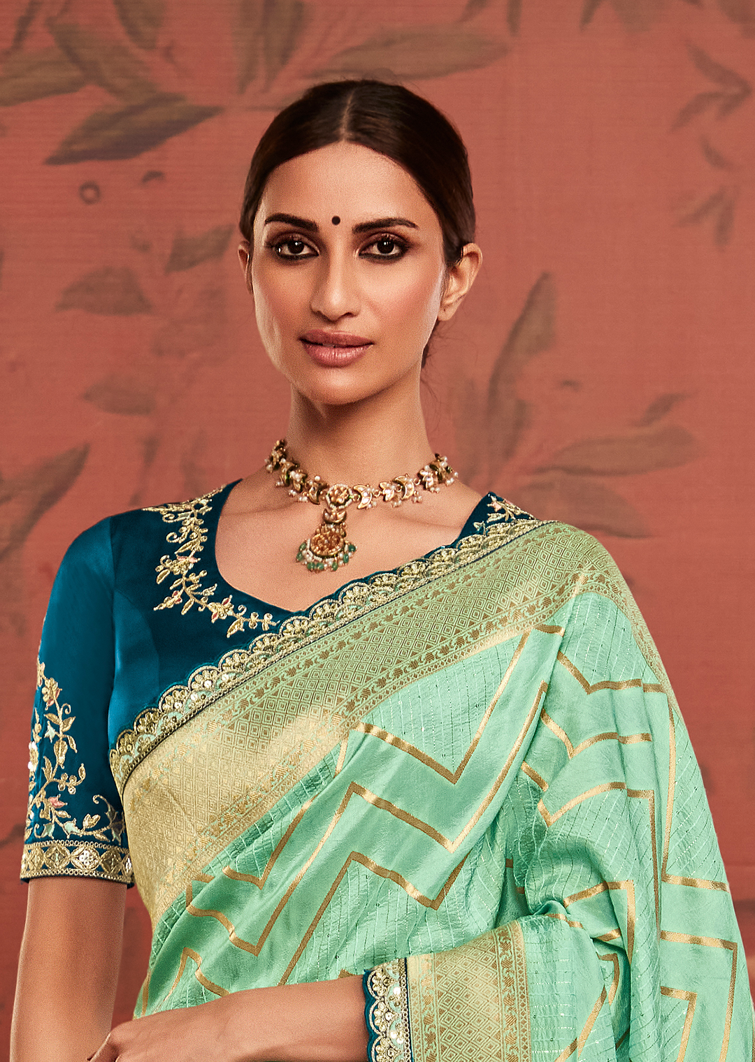 PEARL AQUA  PURE CREPE SILK DESIGNER BANARASI SAREE