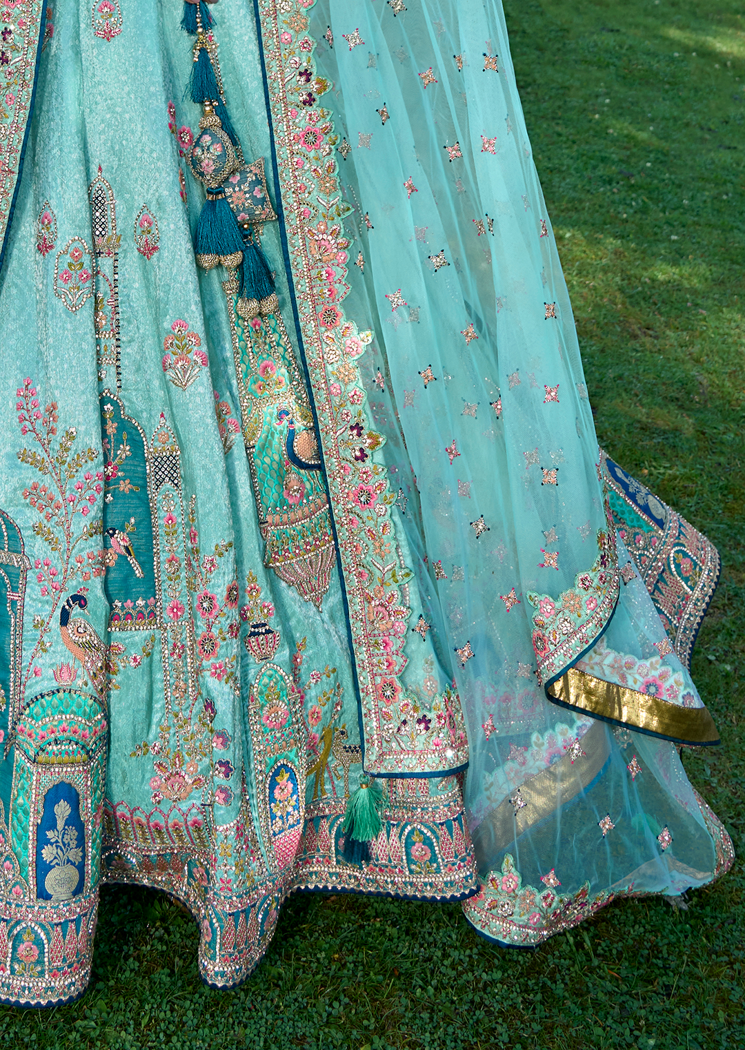 Aqua Blue Hand Worked Premium Designer Silk Lehenga