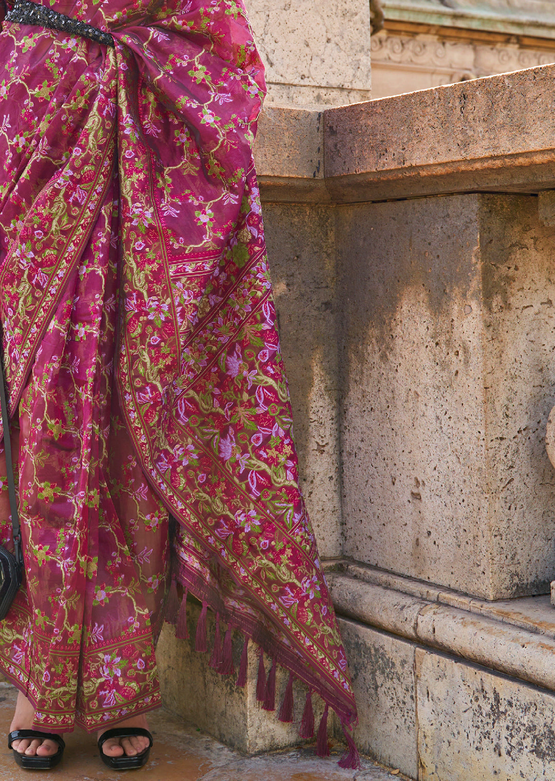 Magenta Purple Woven Pure Handloom Parsi Organza Silk Saree