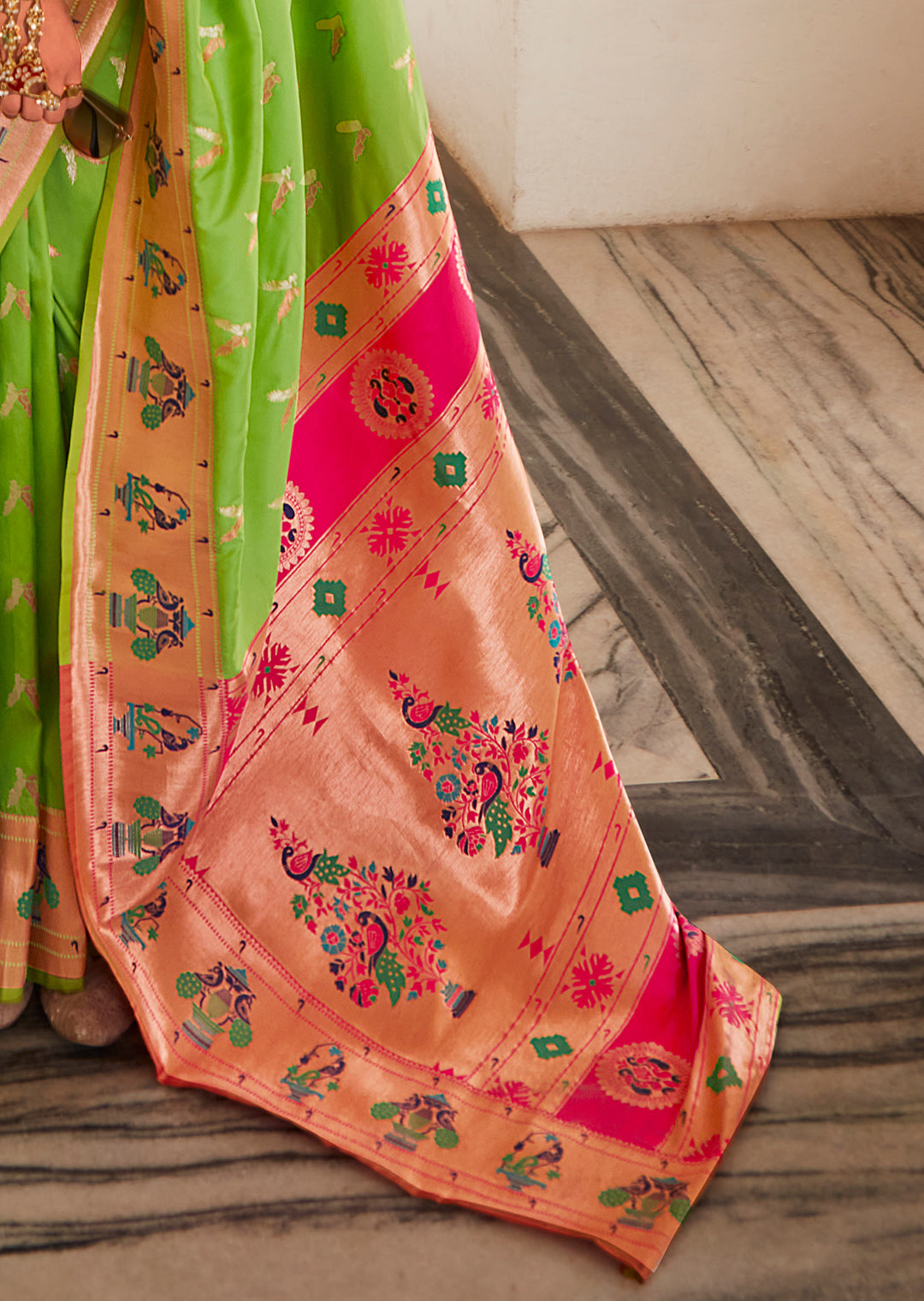 Parrot Green Copper Zari Woven Traditional Paithani Silk Saree