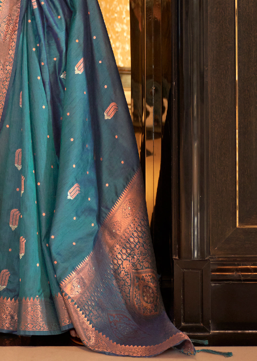 Teal Blue  Copper Zari Woven Pure Handloom Banarasi Silk Saree