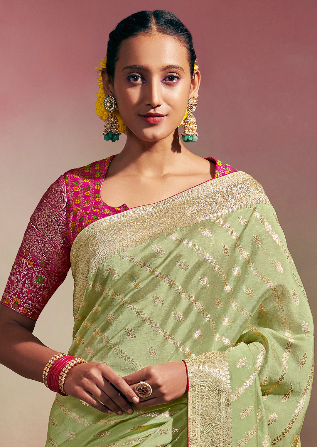 TEA GREEN WOVEN PURE CHINON CHIFFON DESIGNER SILK SAREE